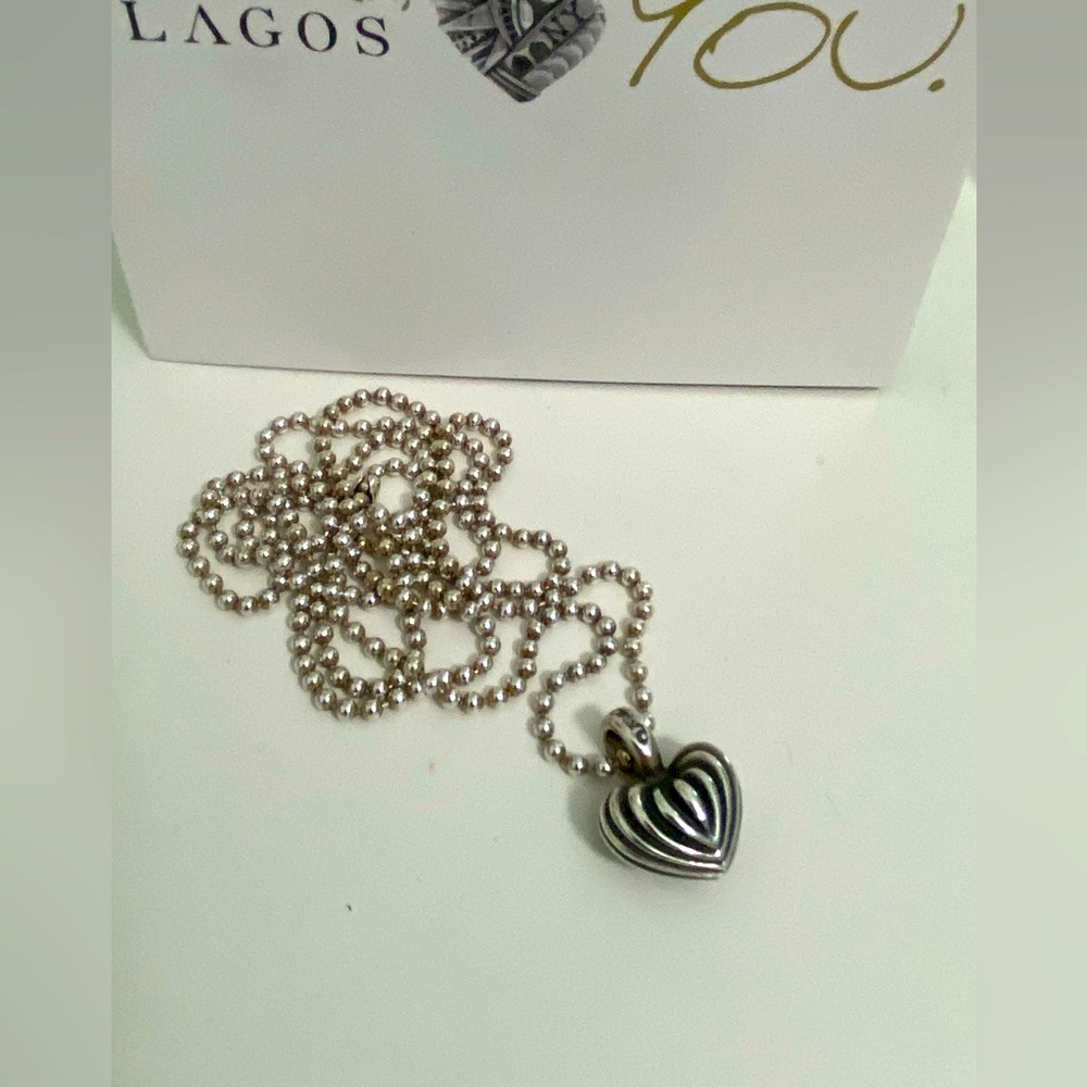 Lagos Caviar Vintage Puffy Ribbed Heart Sterling Silver Pendant necklace 36”